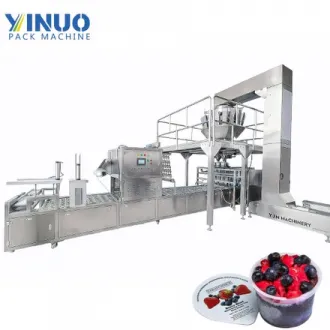 Automatic IQF Frozen Fruit & Ice Cube Cup Filling and Sealing Machine with Multihead Weigher | Linear Type Food Packaging Line