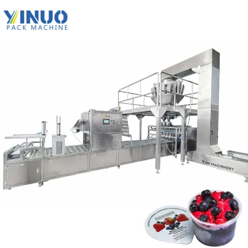 Automatic IQF Frozen Fruit & Ice Cube Cup Filling and Sealing Machine with Multihead Weigher | Linear Type Food Packaging Line