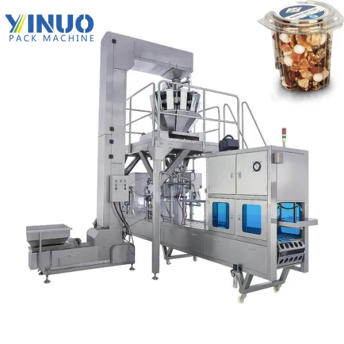 Automatic Nut Cup Filling and Sealing Machine with Multihead Weigher | High-Speed Nut Packaging Line